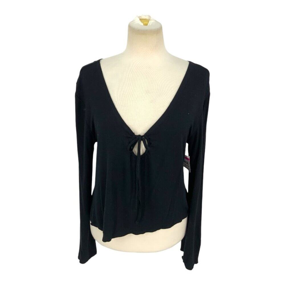 Abound Black Knit V Neck Tie Front Long Sleeve Top Size Medium NWOT
